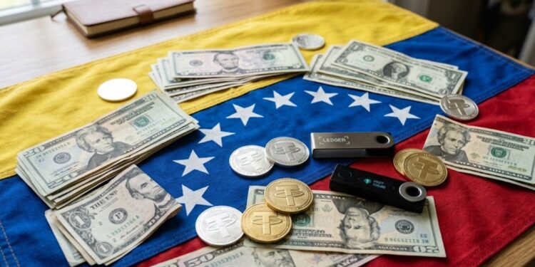 USDT y dólares sobre la bandera de Venezuela.