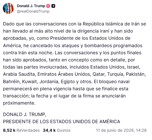 Publicación de Donald Trump en TruthSocial anunciando la cancelación de ataques sobre Irán.