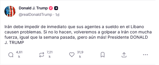 Donald Trump lanza advertencia sobre nuevos ataques a Irán.