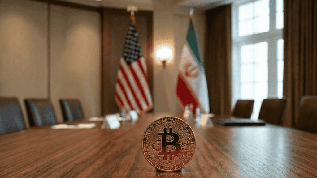 Primer plano: moneda de bitcoin sobre una mesa. Fondo: banderas de EEUU e Irán.