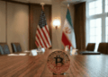 Primer plano: moneda de bitcoin sobre una mesa. Fondo: banderas de EEUU e Irán.