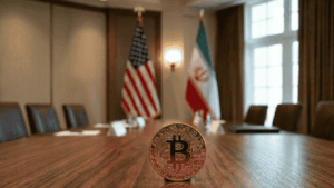 Primer plano: moneda de bitcoin sobre una mesa. Fondo: banderas de EEUU e Irán.