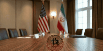 Primer plano: moneda de bitcoin sobre una mesa. Fondo: banderas de EEUU e Irán.
