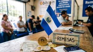 Moneda física de bitcoin con la bandera de El Salvador y la palabra "remesas".