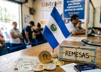 Moneda física de bitcoin con la bandera de El Salvador y la palabra "remesas".