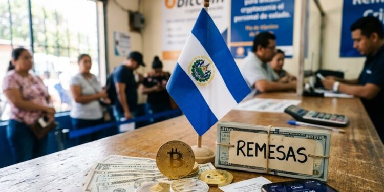 Moneda física de bitcoin con la bandera de El Salvador y la palabra "remesas".