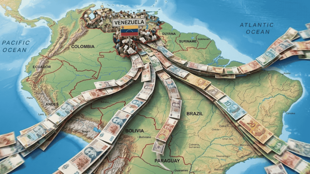 Mapa de Sudamérica con dinero fluyendo hacia Venezuela.