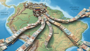 Mapa de Sudamérica con dinero fluyendo hacia Venezuela.