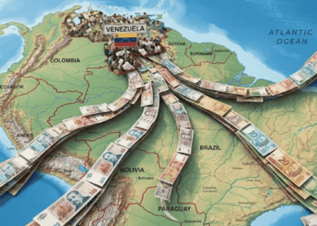 Mapa de Sudamérica con dinero fluyendo hacia Venezuela.