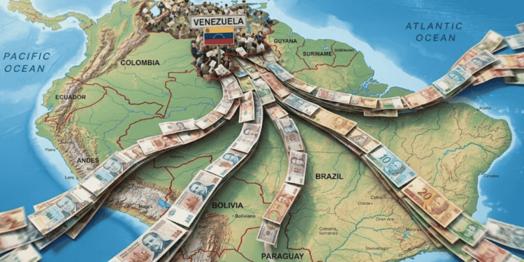 Mapa de Sudamérica con dinero fluyendo hacia Venezuela.