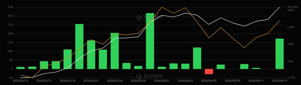 Gráfico de barras verdes y rojas mostrando el desempeño de los ETF de HYPE.