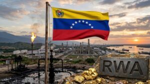 Bandera de Venezuela con petróleo, gas y oro, y la palabra RWA.