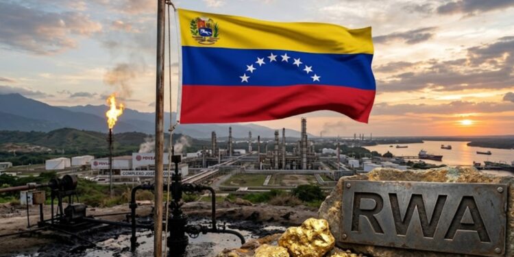 Bandera de Venezuela con petróleo, gas y oro, y la palabra RWA.