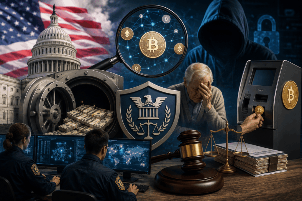 Ilustración conceptual sobre vigilancia y fraude en el mercado de criptomonedas en Estados Unidos.