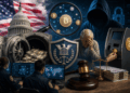 Ilustración conceptual sobre vigilancia y fraude en el mercado de criptomonedas en Estados Unidos.