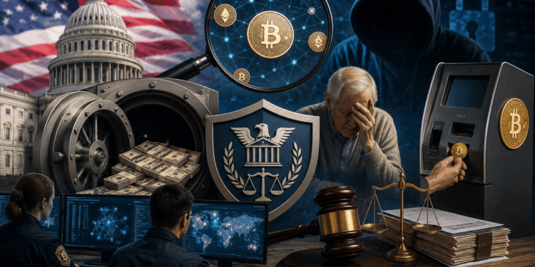 Ilustración conceptual sobre vigilancia y fraude en el mercado de criptomonedas en Estados Unidos.