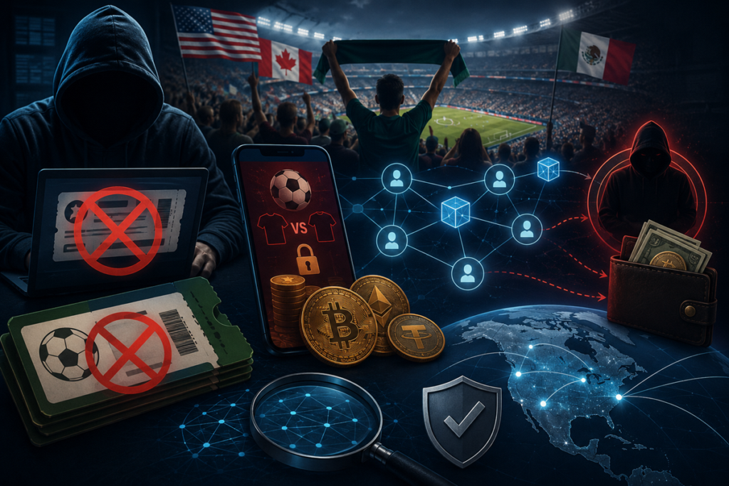 Ilustración digital de un fraude relacionado con el Mundial de Fútbol y las criptomonedas.