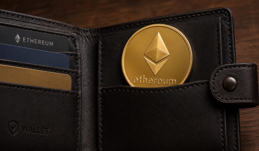 Una moneda física de Ethereum dentro de una billetera.