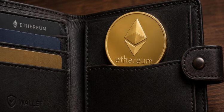 Una moneda física de Ethereum dentro de una billetera.