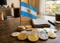 Bitcoin y otras criptomonedas con la bandera de Argentina sobre una mesa.