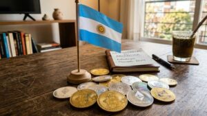 Bitcoin y otras criptomonedas con la bandera de Argentina sobre una mesa.
