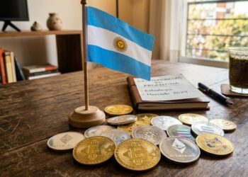 Bitcoin y otras criptomonedas con la bandera de Argentina sobre una mesa.
