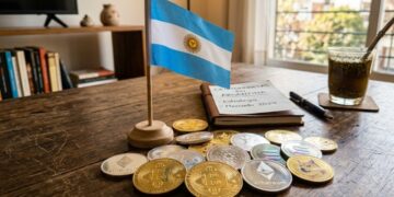 Bitcoin y otras criptomonedas con la bandera de Argentina sobre una mesa.