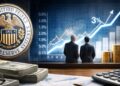 Escena financiera con el logotipo de la Reserva Federal, gráficos de tasas de interés al alza y analistas observando el mercado.