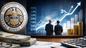 Escena financiera con el logotipo de la Reserva Federal, gráficos de tasas de interés al alza y analistas observando el mercado.