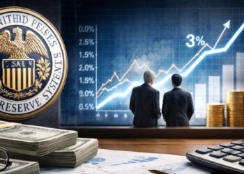 Escena financiera con el logotipo de la Reserva Federal, gráficos de tasas de interés al alza y analistas observando el mercado.