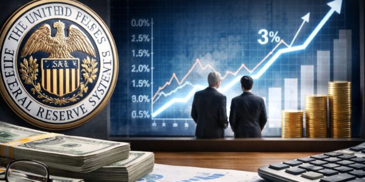 Escena financiera con el logotipo de la Reserva Federal, gráficos de tasas de interés al alza y analistas observando el mercado.