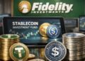 Monedas de stablecoins USDT y USDC apiladas frente a una pantalla de Fidelity.