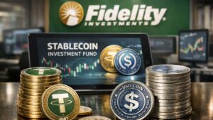 Monedas de stablecoins USDT y USDC apiladas frente a una pantalla de Fidelity.