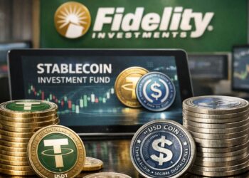 Monedas de stablecoins USDT y USDC apiladas frente a una pantalla de Fidelity.