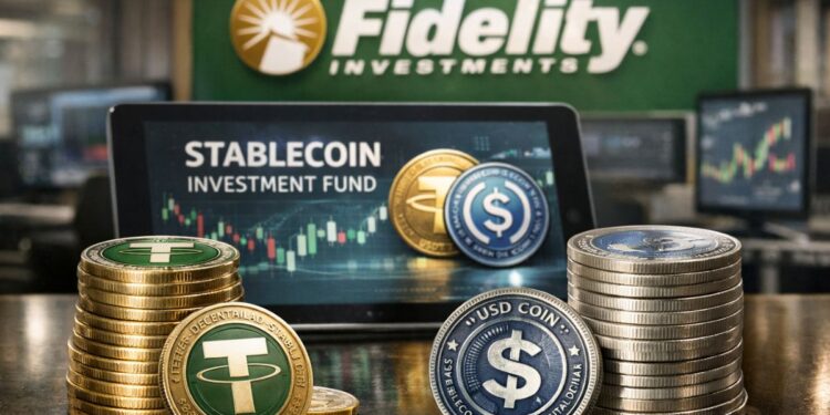 Monedas de stablecoins USDT y USDC apiladas frente a una pantalla de Fidelity.
