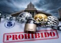 Imagen realista horizontal. Documento oficial del Banco Central de Filipinas con sello rojo 'PROHIBIDO'. Monedas físicas de Monero y Zcash encadenadas y con candado en primer plano. Al fondo, edificio del BSP en Manila bajo cielo dramático y nublado. Estilo fotorealista, tonos azul, gris y rojo, atmósfera seria y autoritaria.