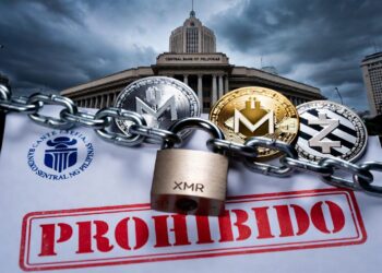 Imagen realista horizontal. Documento oficial del Banco Central de Filipinas con sello rojo 'PROHIBIDO'. Monedas físicas de Monero y Zcash encadenadas y con candado en primer plano. Al fondo, edificio del BSP en Manila bajo cielo dramático y nublado. Estilo fotorealista, tonos azul, gris y rojo, atmósfera seria y autoritaria.