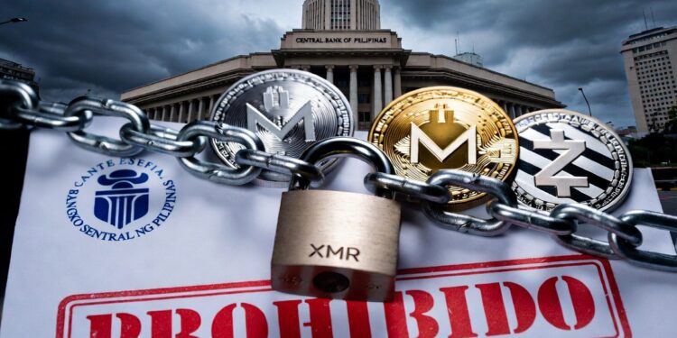 Imagen realista horizontal. Documento oficial del Banco Central de Filipinas con sello rojo 'PROHIBIDO'. Monedas físicas de Monero y Zcash encadenadas y con candado en primer plano. Al fondo, edificio del BSP en Manila bajo cielo dramático y nublado. Estilo fotorealista, tonos azul, gris y rojo, atmósfera seria y autoritaria.