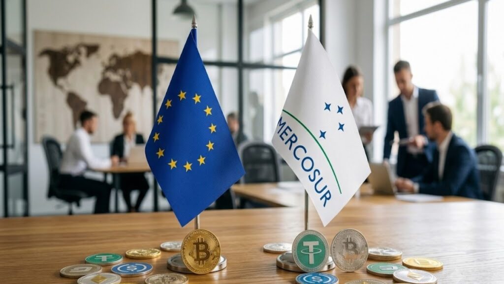 Banderas de la UE, el Mercosur. Con criptomonedas físicas como bitcoin y stablecoins alrededor.