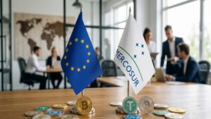 Banderas de la UE, el Mercosur. Con criptomonedas físicas como bitcoin y stablecoins alrededor.