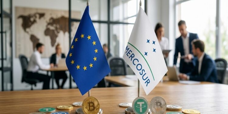 Banderas de la UE, el Mercosur. Con criptomonedas físicas como bitcoin y stablecoins alrededor.