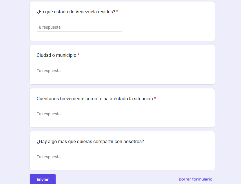 Formulario para ayudar a personas en Venezuela afectadas por los terremotos.