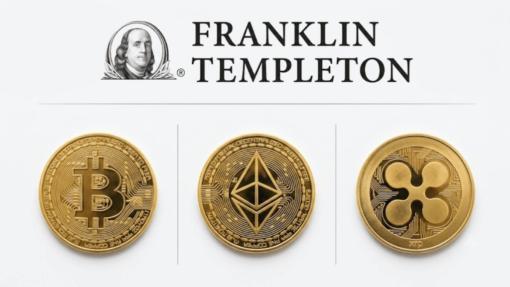 Logo de Franklin Templeton y monedas de bitcoin, ether y XRP.