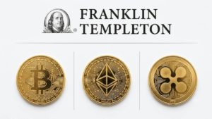 Logo de Franklin Templeton y monedas de bitcoin, ether y XRP.