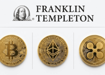 Logo de Franklin Templeton y monedas de bitcoin, ether y XRP.