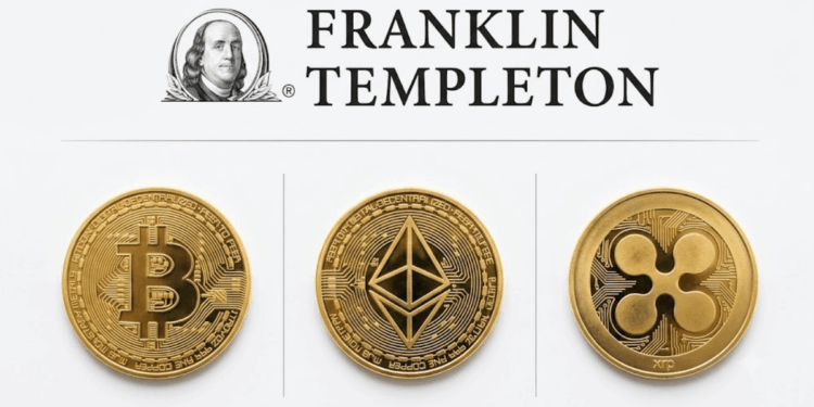 Logo de Franklin Templeton y monedas de bitcoin, ether y XRP.