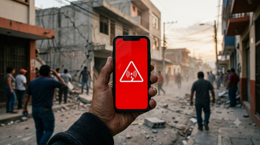 Primer plano de una mano sosteniendo un teléfono inteligente moderno; en la pantalla se muestra una notificación de alerta de emergencia a pantalla completa con fondo de color granate/rojo intenso y un ícono genérico de advertencia sísmica (un símbolo de ondas concéntricas o un triángulo de alerta abstracto), sin ninguna letra ni texto legible. Al fondo, desenfocado con profundidad de campo suave, se ve una calle urbana de una ciudad latinoamericana al atardecer con edificios de concreto, algunos con daños estructurales leves y polvo en el aire, evocando las secuelas de un terremoto. Iluminación cálida y dramática de luz de día tenue, tono documental y realista, paleta de grises, terracota y azul apagado. Estilo de fotoperiodismo, alta nitidez en el teléfono, atmósfera seria y sobria. Sin ningún texto, sin palabras, sin números, sin marcas ni logotipos.