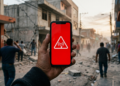 Primer plano de una mano sosteniendo un teléfono inteligente moderno; en la pantalla se muestra una notificación de alerta de emergencia a pantalla completa con fondo de color granate/rojo intenso y un ícono genérico de advertencia sísmica (un símbolo de ondas concéntricas o un triángulo de alerta abstracto), sin ninguna letra ni texto legible. Al fondo, desenfocado con profundidad de campo suave, se ve una calle urbana de una ciudad latinoamericana al atardecer con edificios de concreto, algunos con daños estructurales leves y polvo en el aire, evocando las secuelas de un terremoto. Iluminación cálida y dramática de luz de día tenue, tono documental y realista, paleta de grises, terracota y azul apagado. Estilo de fotoperiodismo, alta nitidez en el teléfono, atmósfera seria y sobria. Sin ningún texto, sin palabras, sin números, sin marcas ni logotipos.