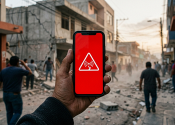 Primer plano de una mano sosteniendo un teléfono inteligente moderno; en la pantalla se muestra una notificación de alerta de emergencia a pantalla completa con fondo de color granate/rojo intenso y un ícono genérico de advertencia sísmica (un símbolo de ondas concéntricas o un triángulo de alerta abstracto), sin ninguna letra ni texto legible. Al fondo, desenfocado con profundidad de campo suave, se ve una calle urbana de una ciudad latinoamericana al atardecer con edificios de concreto, algunos con daños estructurales leves y polvo en el aire, evocando las secuelas de un terremoto. Iluminación cálida y dramática de luz de día tenue, tono documental y realista, paleta de grises, terracota y azul apagado. Estilo de fotoperiodismo, alta nitidez en el teléfono, atmósfera seria y sobria. Sin ningún texto, sin palabras, sin números, sin marcas ni logotipos.