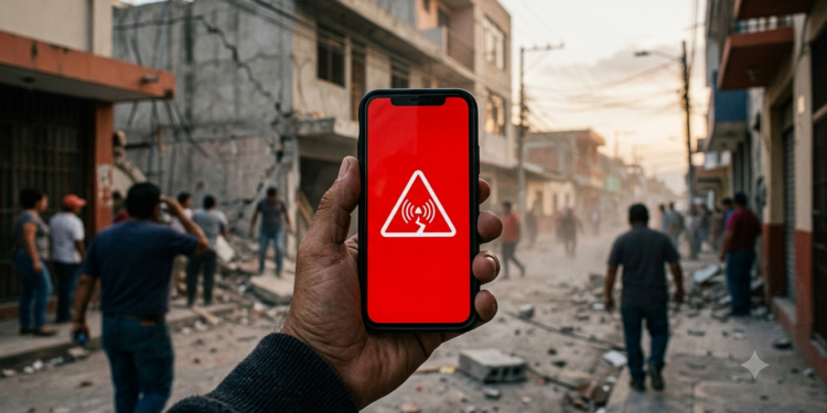 Primer plano de una mano sosteniendo un teléfono inteligente moderno; en la pantalla se muestra una notificación de alerta de emergencia a pantalla completa con fondo de color granate/rojo intenso y un ícono genérico de advertencia sísmica (un símbolo de ondas concéntricas o un triángulo de alerta abstracto), sin ninguna letra ni texto legible. Al fondo, desenfocado con profundidad de campo suave, se ve una calle urbana de una ciudad latinoamericana al atardecer con edificios de concreto, algunos con daños estructurales leves y polvo en el aire, evocando las secuelas de un terremoto. Iluminación cálida y dramática de luz de día tenue, tono documental y realista, paleta de grises, terracota y azul apagado. Estilo de fotoperiodismo, alta nitidez en el teléfono, atmósfera seria y sobria. Sin ningún texto, sin palabras, sin números, sin marcas ni logotipos.
